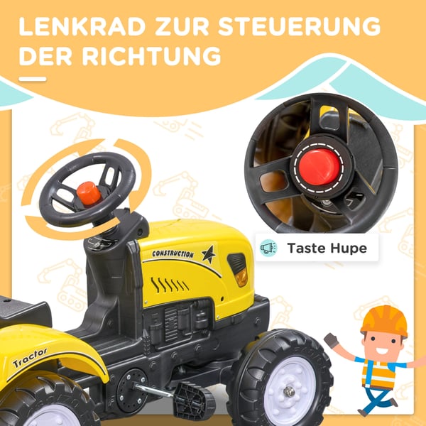 Pedaltraktor, 133x42x51 cm, Gul