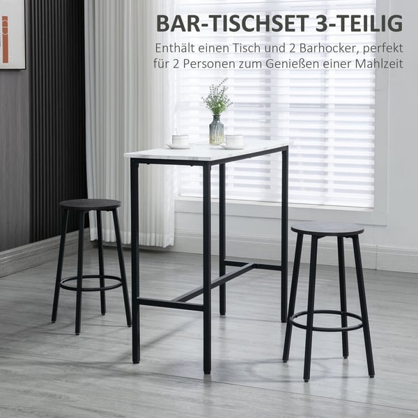 Barbordssæt, 3-delt barbord og taburetsæt, 100x40x90 cm, hvid, sort