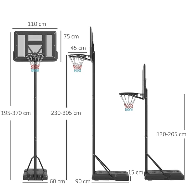 Koripalloteline, 230-305 cm korkeus säädettävissä, Musta