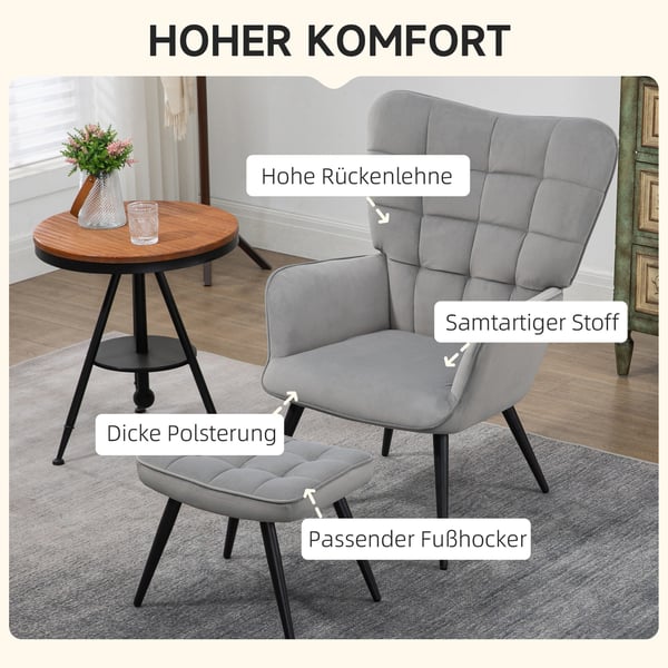 Lænestol og Skammel Sæt, 73x77,5x98 cm, Lysegrå