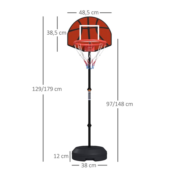 Basketballkurv med stativ, justerbar højde 129-179 cm, sort brun