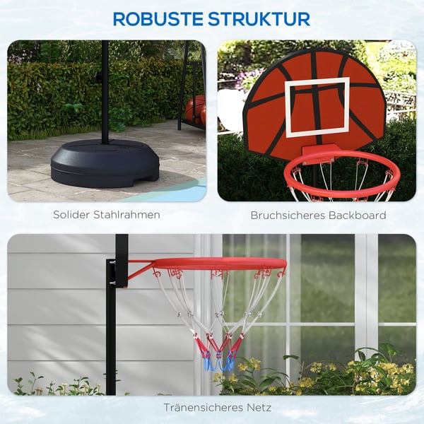 Basketballkurv med stativ, justerbar højde 129-179 cm, sort brun