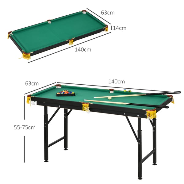 Sammenklappelig billardbord, 140x60x55-75 cm, grøn