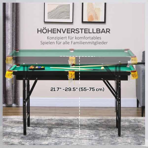 Sammenklappelig billardbord, 140x60x55-75 cm, grøn
