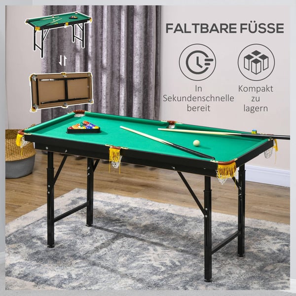 Sammenklappelig billardbord, 140x60x55-75 cm, grøn