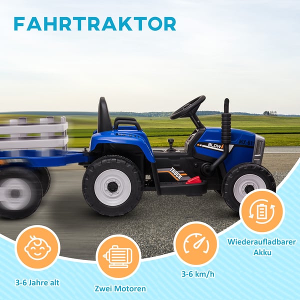 Elektrisk barntraktor med fjärrkontroll och släpvagn, 136,5x50x52,5 cm, blå