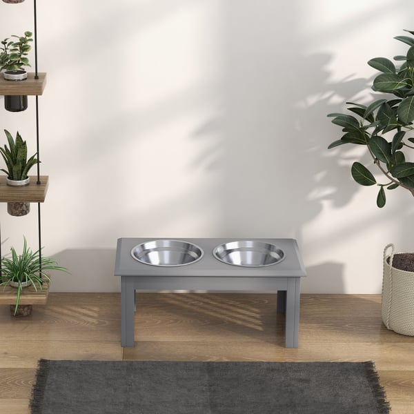 Lemmikkieläinten kulho, korotetut kaksinkertaiset ruostumattomat teräskulhot, 58.4x30.5x25.4 cm, harmaa