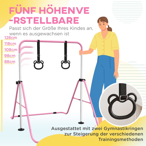 Børnegymnastik Vandret Stang, 148x105x88-128 cm, Pink