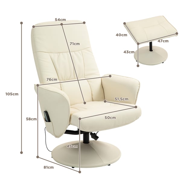 Massagestol med fodskammel, 76x81x105 cm, creme