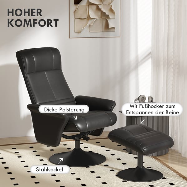 Lænestol med skammel, 69x71x104 cm, Sort