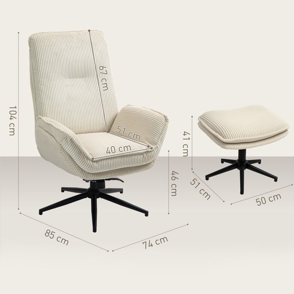Lænestol med skammel, 74x85x104 cm, Beige