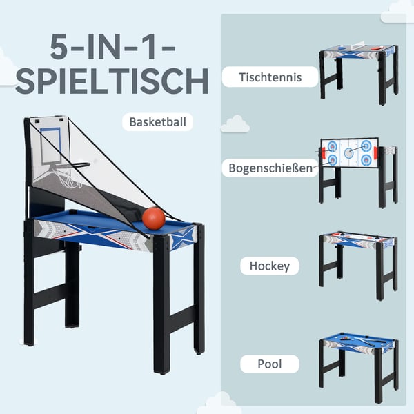 Multispil Bord 5 i 1, 91x45,5x76 cm, Blå Sort
