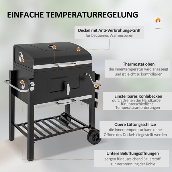 Trækulsgrill, 113x65x108 cm, Sort