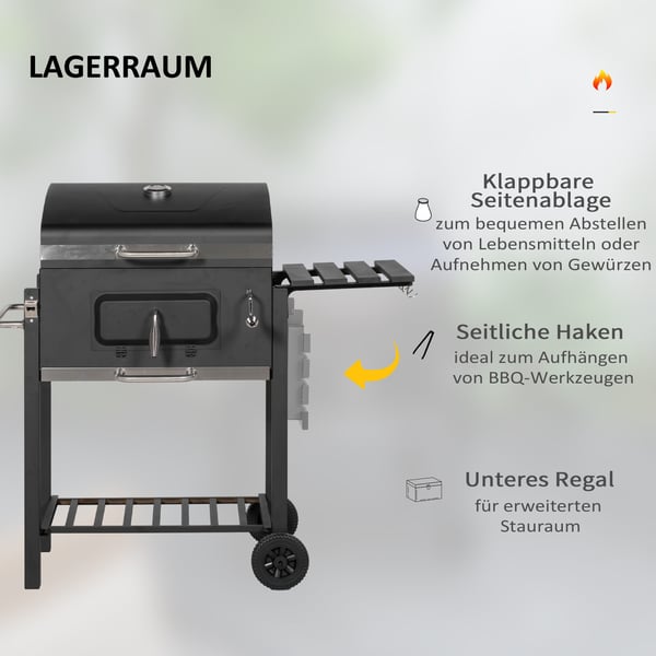 Trækulsgrill, 113x65x108 cm, Sort