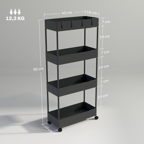 Vogn, 40 x 19 x 90 cm, Sort