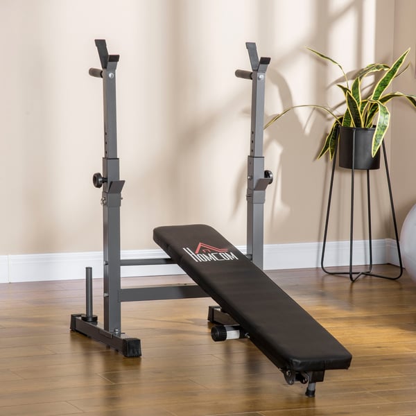 Justerbar foldbar vægtbænk med stangholder, 140x73x98-122 cm, sort og grå