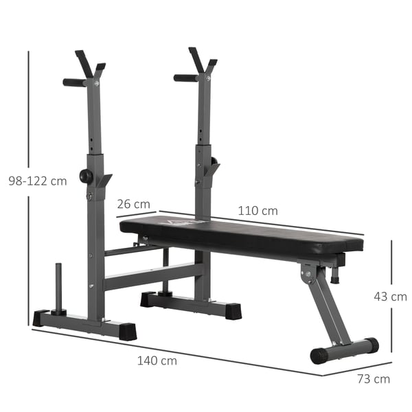 Justerbar foldbar vægtbænk med stangholder, 140x73x98-122 cm, sort og grå