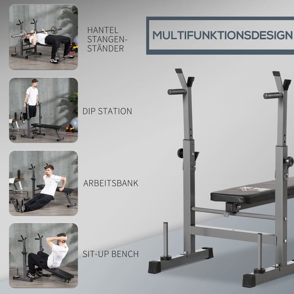 Justerbar foldbar vægtbænk med stangholder, 140x73x98-122 cm, sort og grå