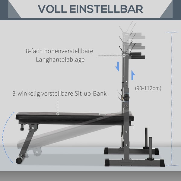 Justerbar foldbar vægtbænk med stangholder, 140x73x98-122 cm, sort og grå