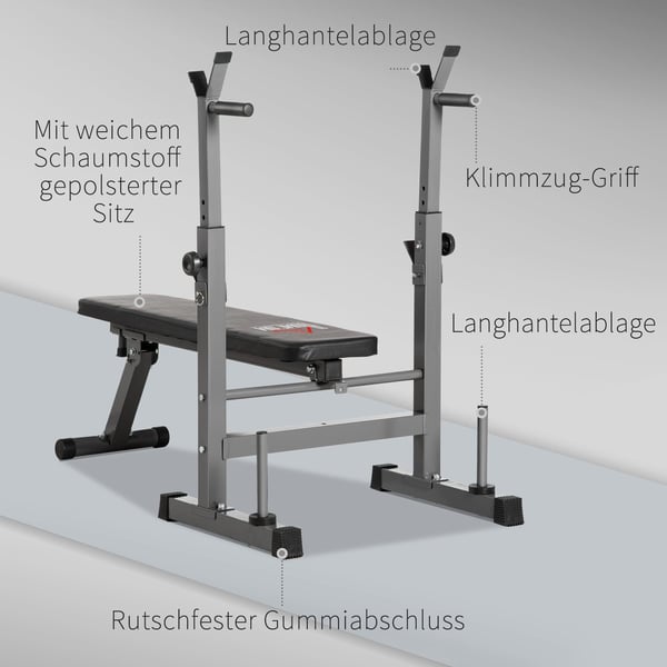 Justerbar foldbar vægtbænk med stangholder, 140x73x98-122 cm, sort og grå