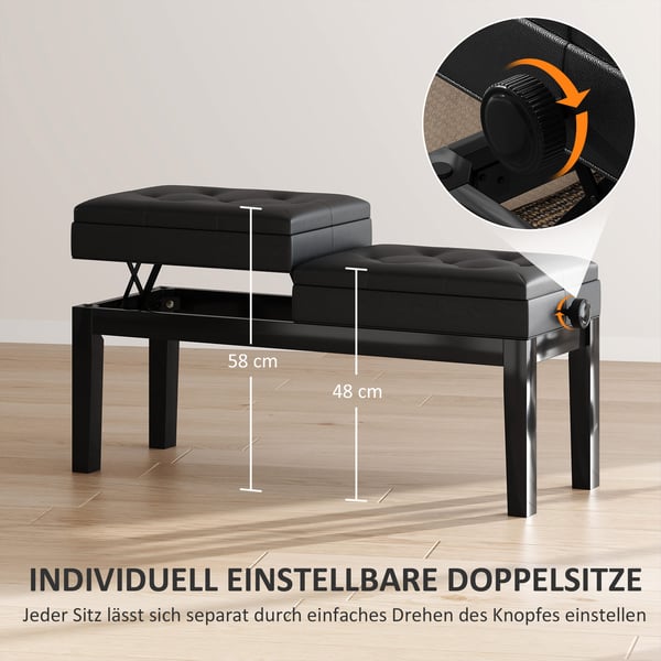 Pianopall, Justerbar Höjd, 105x37x48-58 cm, Svart