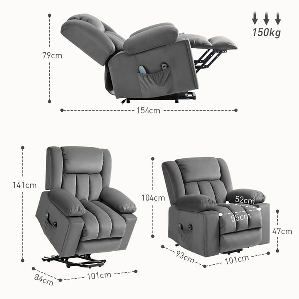 Lænestol med elektrisk løft, massage og varme, 101x93x104 cm, grå