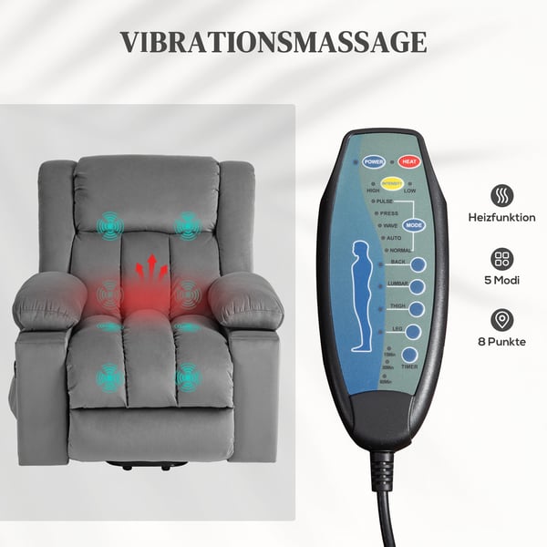 Lænestol med elektrisk løft, massage og varme, 101x93x104 cm, grå
