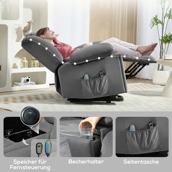 Lænestol med elektrisk løft, massage og varme, 101x93x104 cm, grå