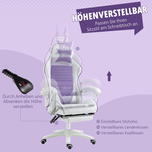 Gamerstol, 65x63x136-142 cm, Lilla