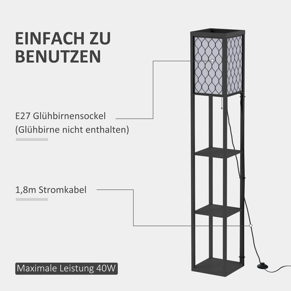Gulvlampe med hylder, 26x26x160 cm, sort