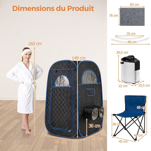 Transportabel dampsauna, 89x89x149 cm, Sort