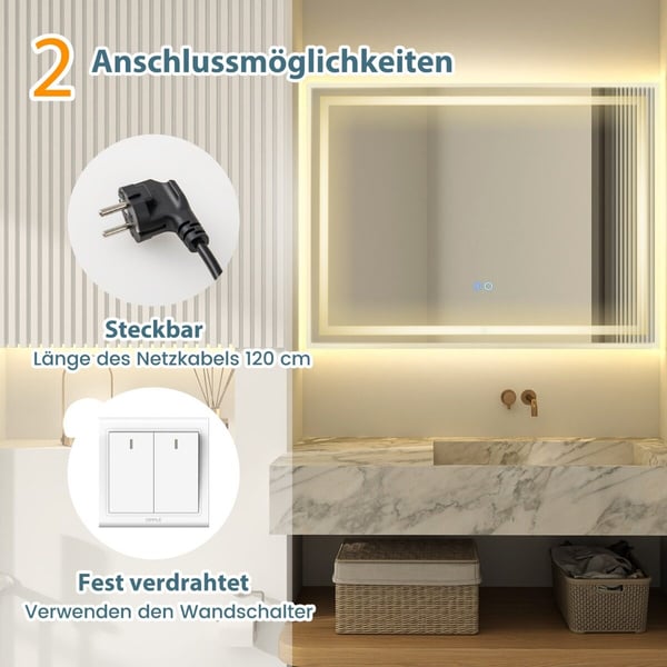 Kylpyhuoneen peili, LED, 80x60 cm, hopea