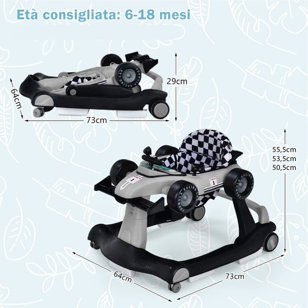 Baby Walker, 4-i-1 Baby Walker, 73x61x51.5/53.5/55.5 cm, Grå