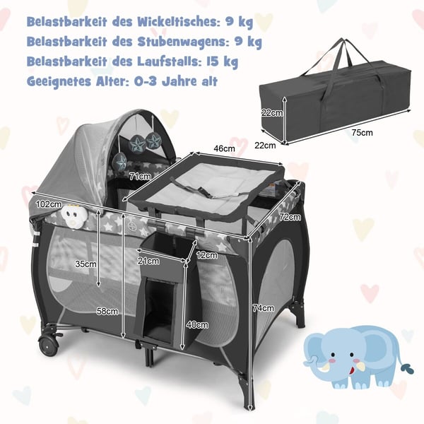 Vauvansänky, Kannettava 5-in-1 Matkasänky, 102x72x74 cm, Harmaa