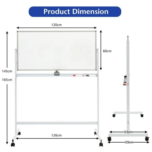 Dobbeltsidet Magnetisk Mobil Whiteboard, 120x60 cm, Hvid