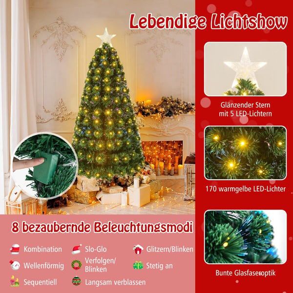 Kunstig juletræ, 150cm kunstig juletræ med 8 lysfunktioner fiberoptik, 72x72x150 cm, grøn
