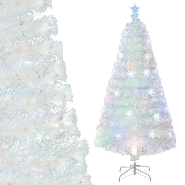 Joulukuusi, 150cm kuituoptinen joulukuusi, jossa on hohtavat lehdet, tähtikärki ja LED-valot, 180x79 cm, valkoinen