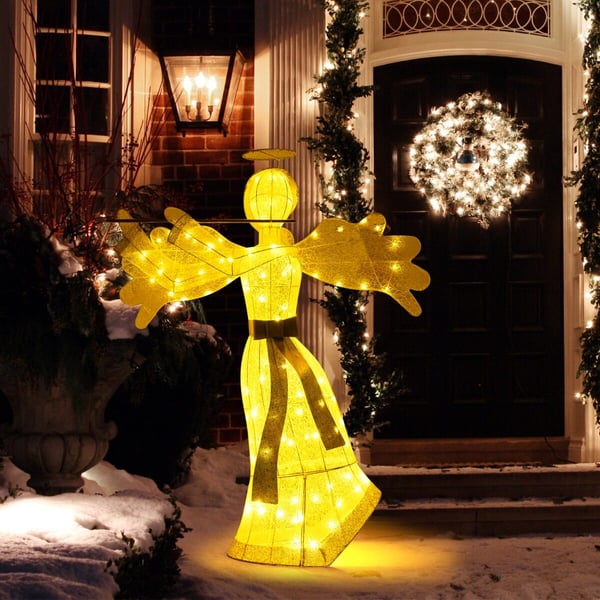 Joulukoriste, enkelin muotoinen, keinotekoinen, 100 LED-valolla, 4 kiilaa, 10 vetoketjua, 150 cm, valkoinen kulta