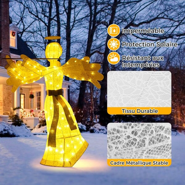 Joulukoriste, enkelin muotoinen, keinotekoinen, 100 LED-valolla, 4 kiilaa, 10 vetoketjua, 150 cm, valkoinen kulta