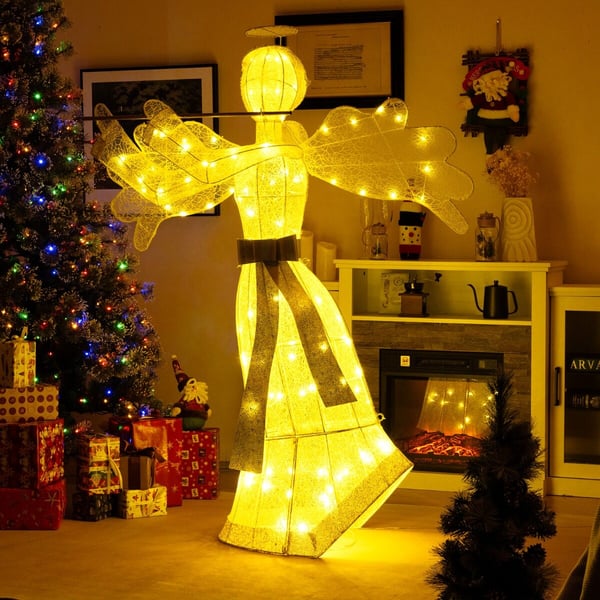 Joulukoriste, enkelin muotoinen, keinotekoinen, 100 LED-valolla, 4 kiilaa, 10 vetoketjua, 150 cm, valkoinen kulta