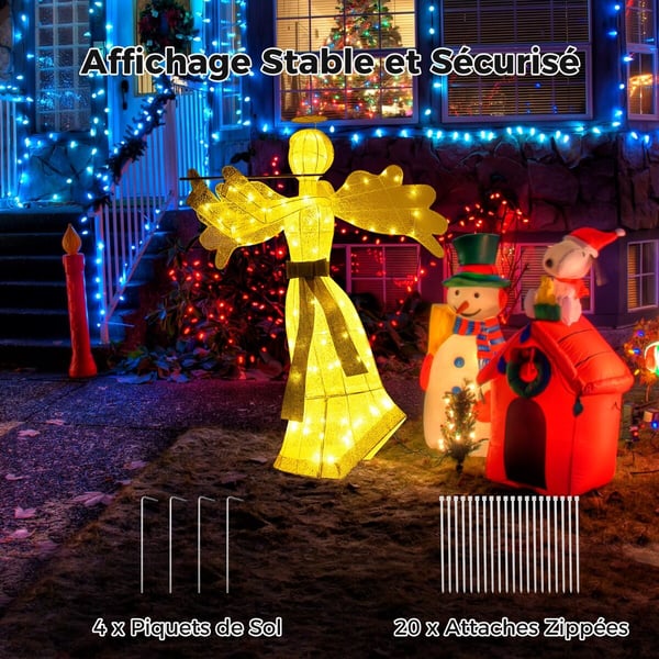 Joulukoriste, enkelin muotoinen, keinotekoinen, 100 LED-valolla, 4 kiilaa, 10 vetoketjua, 150 cm, valkoinen kulta