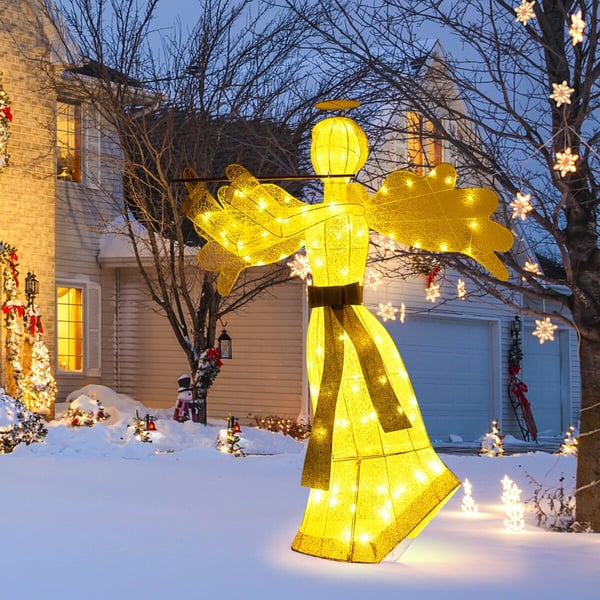 Joulukoriste, enkelin muotoinen, keinotekoinen, 100 LED-valolla, 4 kiilaa, 10 vetoketjua, 150 cm, valkoinen kulta