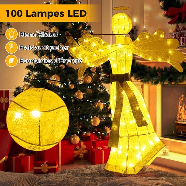 Joulukoriste, enkelin muotoinen, keinotekoinen, 100 LED-valolla, 4 kiilaa, 10 vetoketjua, 150 cm, valkoinen kulta
