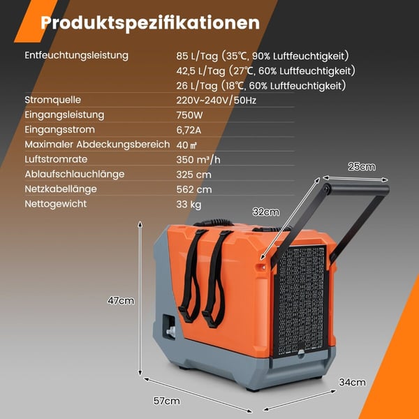 Kaupallinen kosteudenpoistaja, 57x34x47 cm, oranssi ja harmaa