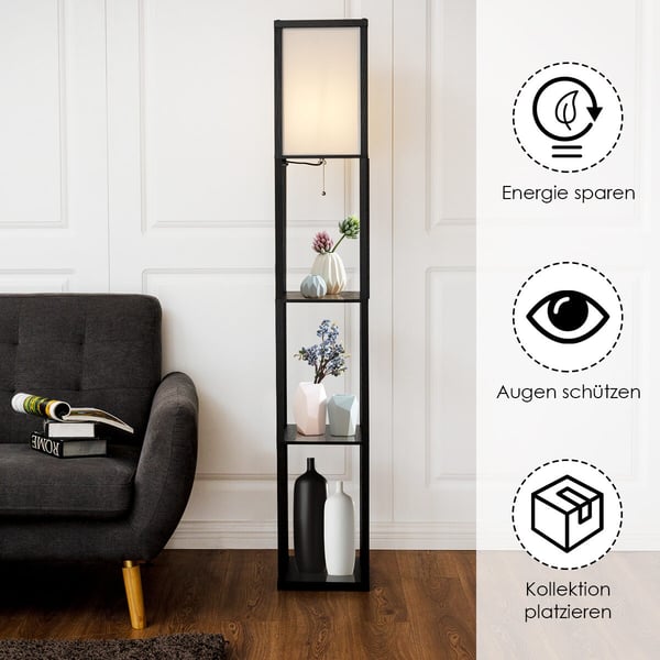 Bogreol med lampe, 26x26x160 cm, Sort og Hvid