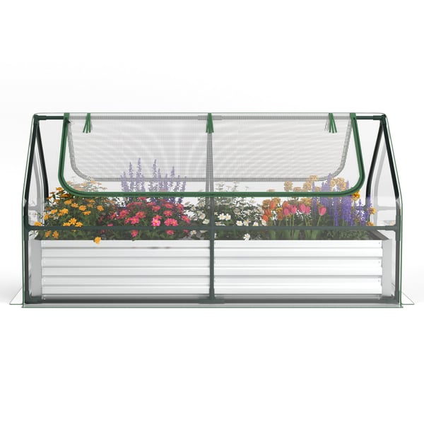 Forhøjet højbed med drivhus, 6x3x3 ft, Grøn & Sølv & Klar