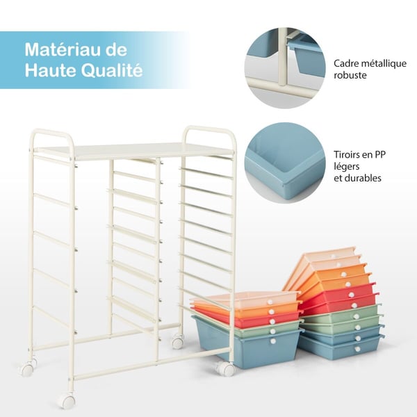 Praktisk rullende organisatorvogn, 15 skuffer, 64×37×88 cm, Multifarvet
