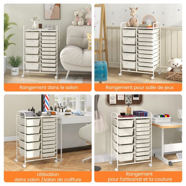 Praktisk rullende organisatorvogn, 63.5x36.8x87.6 cm, Hvid