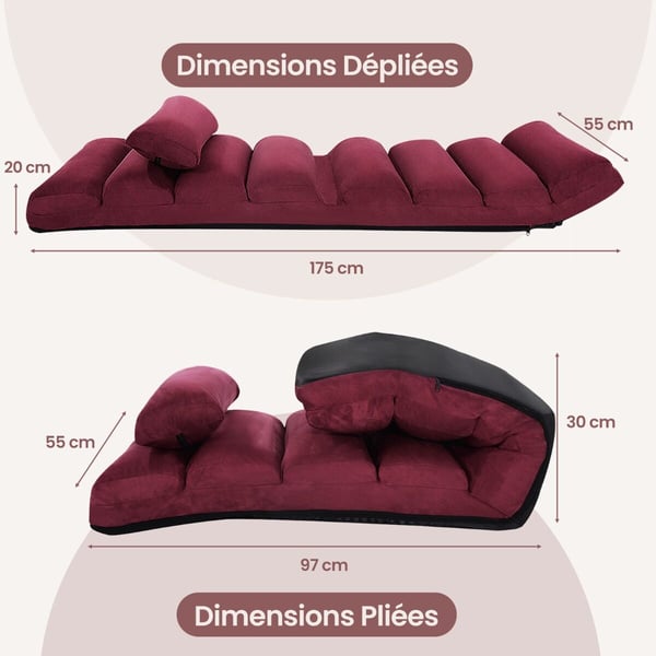 Foldbar dobbeltsofa stol, 175x55x20 cm, Bordeaux