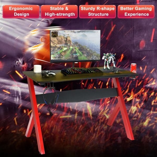 Gaming skrivebord til computer, 48,5"x23,5"x30", Sort og rød